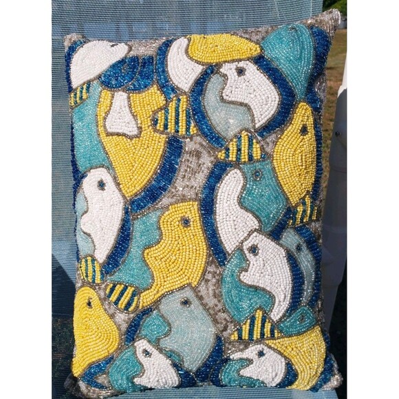 Lot Of 2: Pier 1 Handmade Fish Beaded Decorative Pillows Teal Blue Life Aquatic - Picture 6 of 16